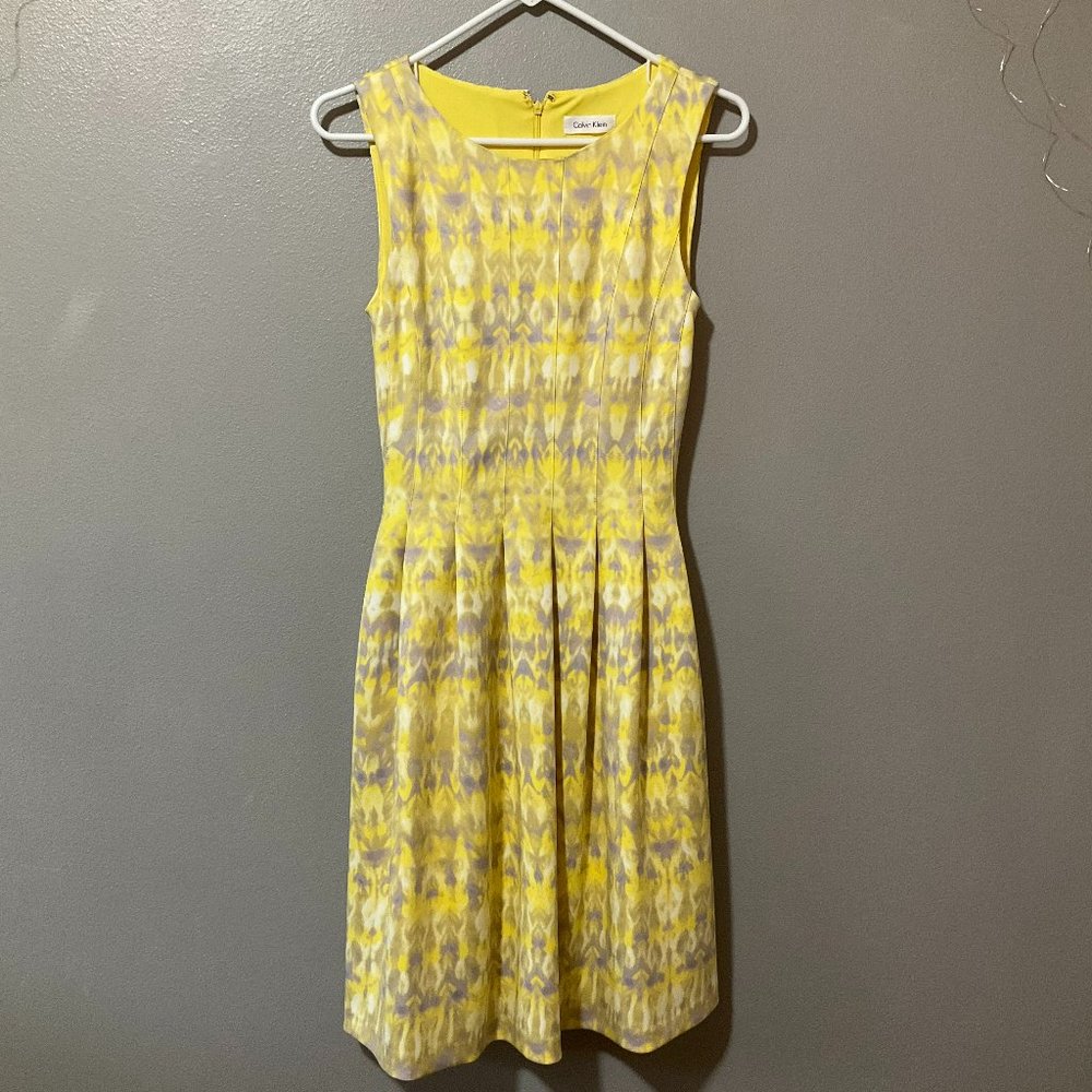 Calvin Klein Yellow Gray Geometric Watercolor Print Dress Fit Flare Pockets Sz 2